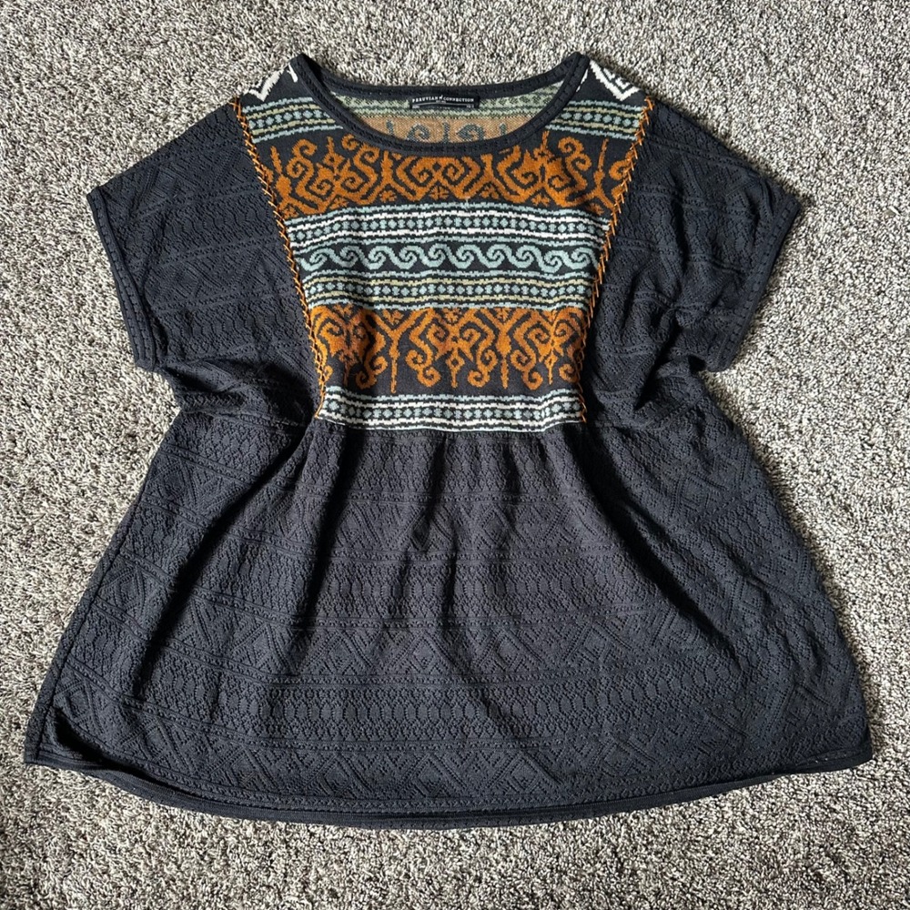 Peruvian Connection Pima Cotton Samburu Caftan Black Crochet Knit Tunic Top XS/S